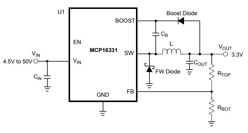 Application Circuit Diagram - Microchip Technology MCP16331 Non-Synchronous Buck Regulator